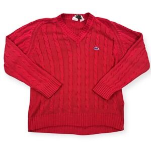 Vintage Izod Lacoste  Men's S‎ Red Cable Knit Sweater V-Neck Cotton 80s